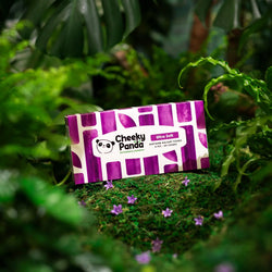 Cheeky Panda balsam tissue box in a natural setting with green foliage and purple flowers.