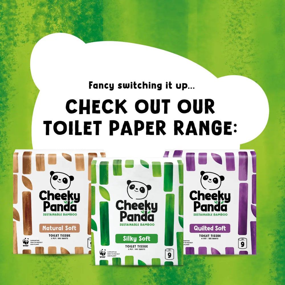 Three packages of Cheeky Panda toilet paper on a green background with promotional text.