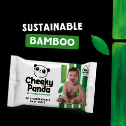 Cheeky Panda sustainable bamboo baby wipes packaging with a child's image on a white background.