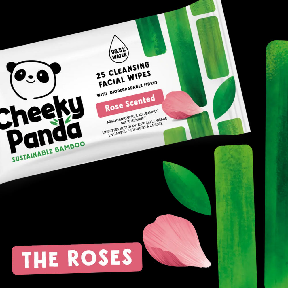 Cheeky Panda rose-scented facial wipes packaging with green leaves and rose petals on a white background
