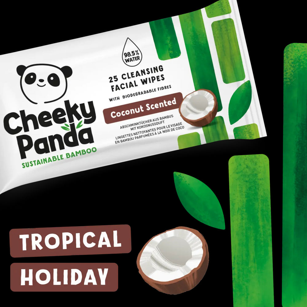 Cheeky Panda coconut-scented cleansing facial wipes packaging with text 'Smells like a tropical holiday'.