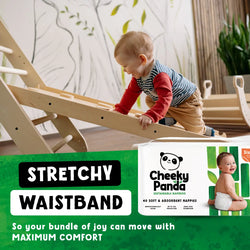 Child playing on a wooden climbing toy with Cheeky Panda nappies advertisement in the foreground.
