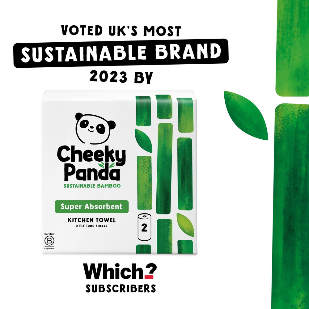 Cheeky Panda sustainable bamboo kitchen towel packaging with branding and certification details.