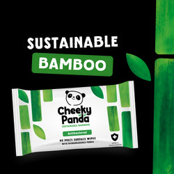 Cheeky Panda sustainable bamboo antibacterial wipes packaging with green leaves on a white background