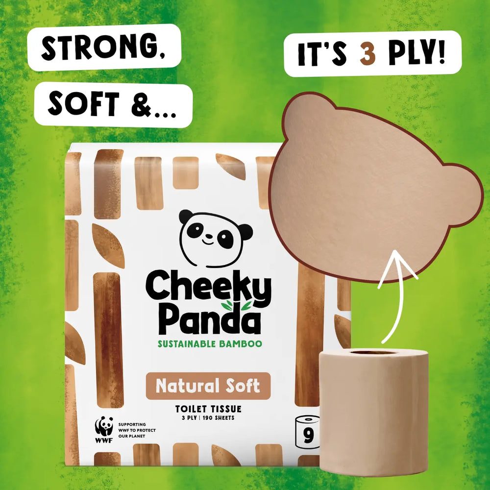 Cheeky Panda unbleached toilet paper packaging on a green background