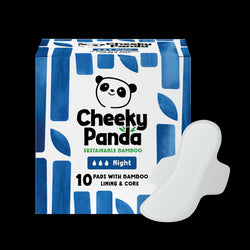 Cheeky Panda sustainable bamboo night pads packaging with a white pad displayed.
