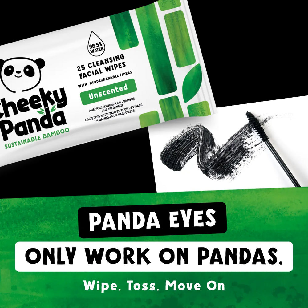 Cheeky Panda cleansing facial wipes with a mascara wand and humorous text on a white background