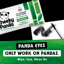 Cheeky Panda cleansing facial wipes with a mascara wand and humorous text on a white background