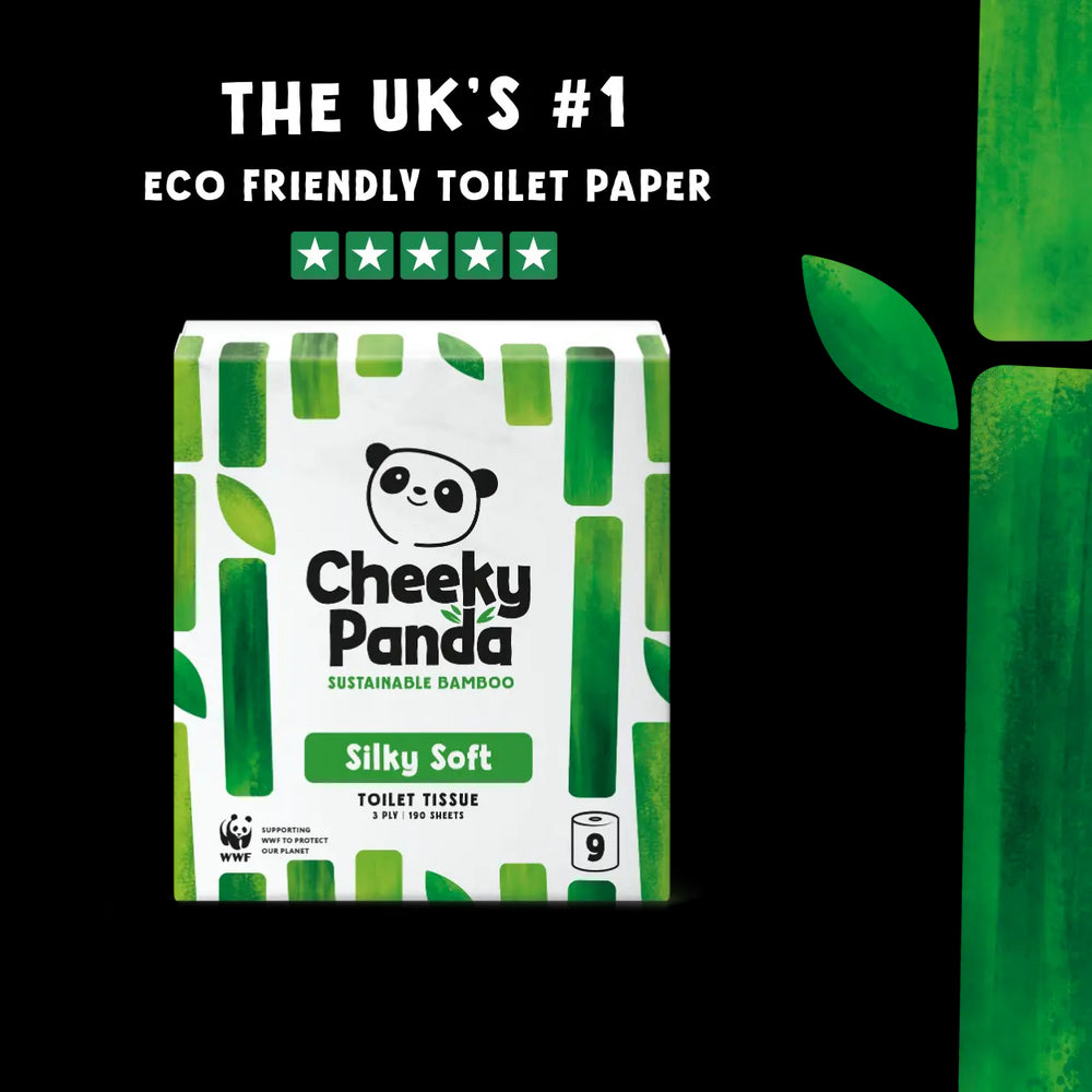 Cheeky Panda eco-friendly toilet paper packaging with branding and five-star certification logos on a white background