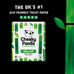 Cheeky Panda eco-friendly toilet paper packaging with branding and five-star certification logos on a white background