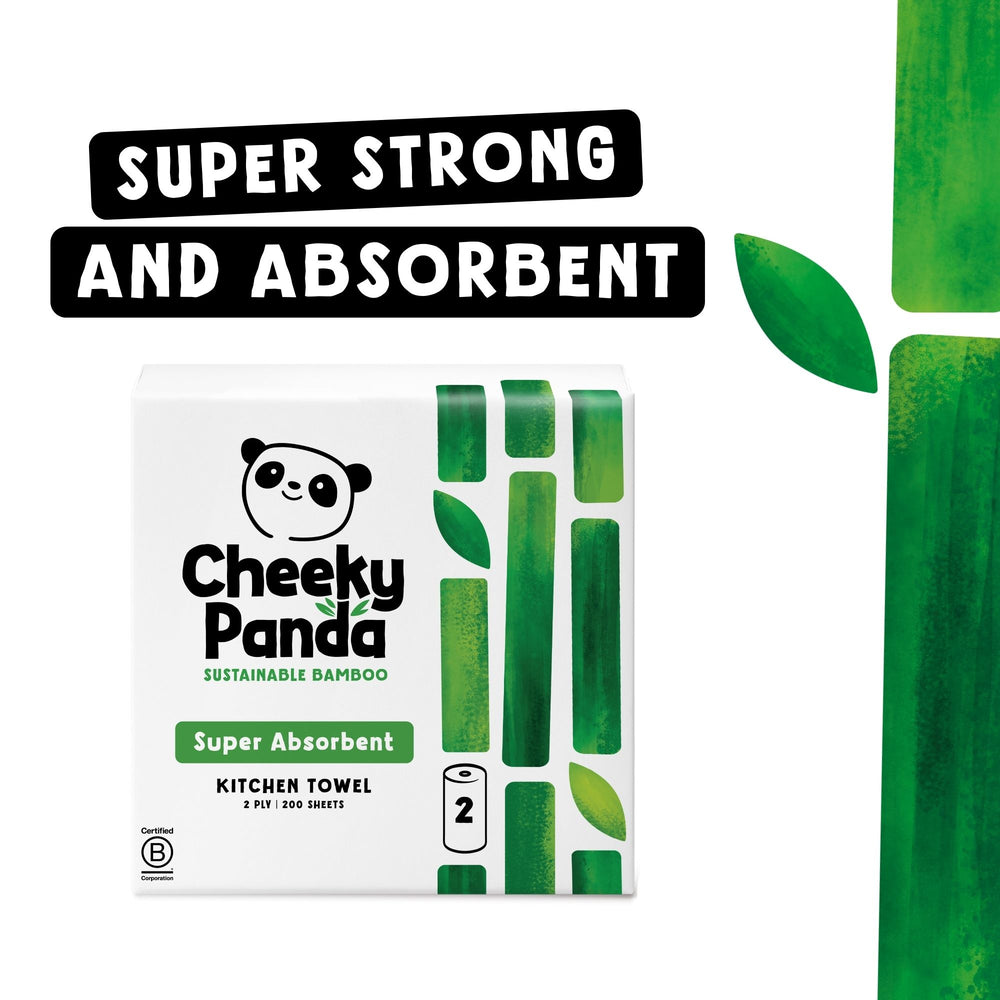 Cheeky Panda kitchen towel packaging with green leaves on a white background