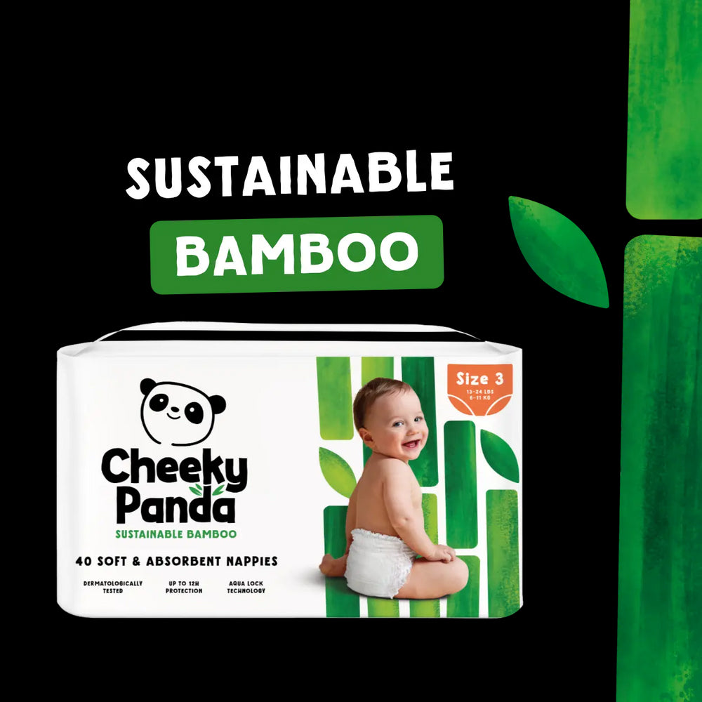 Cheeky Panda sustainable bamboo diapers packaging with a child model on a white background