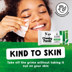 Person using Cheeky Panda facial wipes with product packaging and branding displayed.
