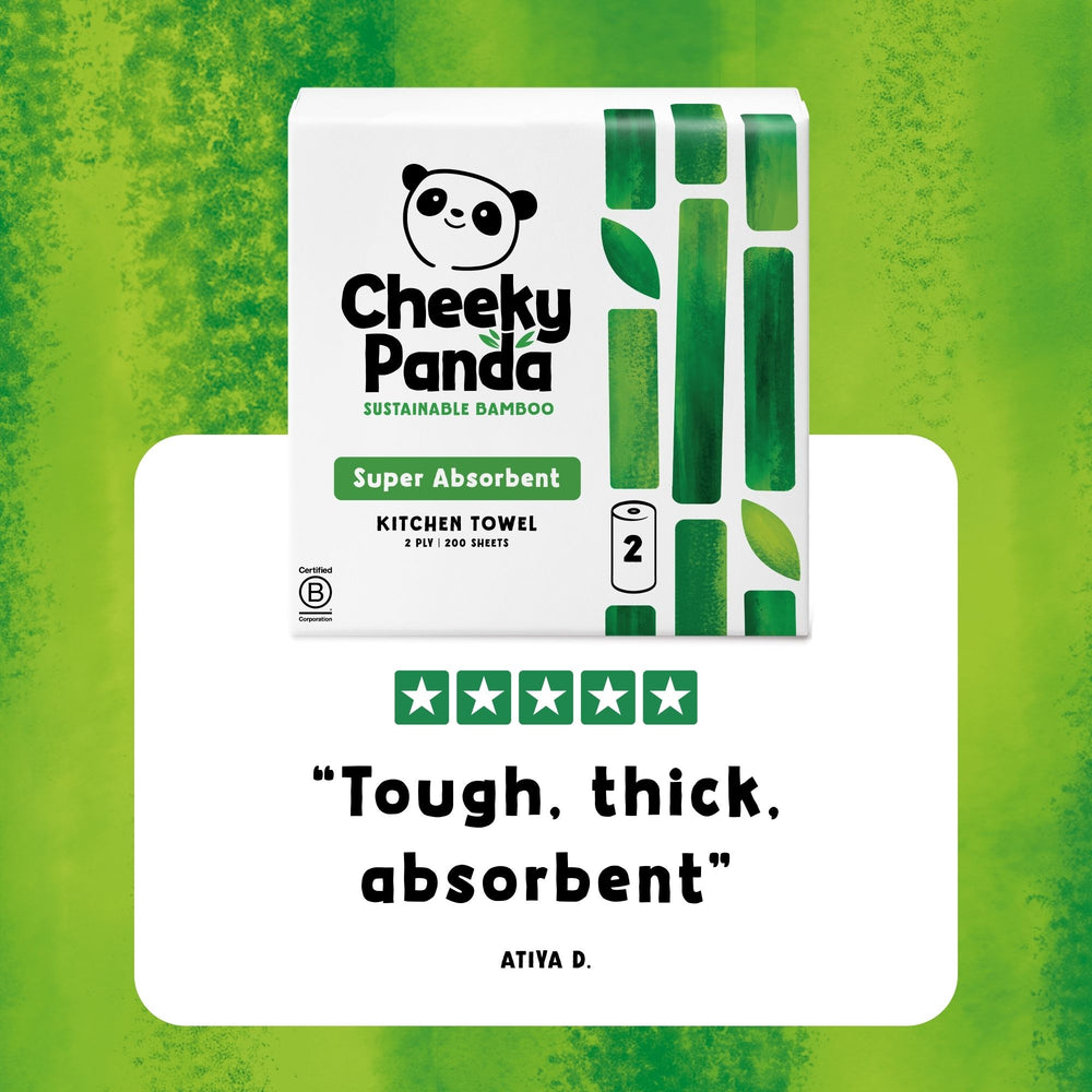 Cheeky Panda sustainable bamboo kitchen towel packaging on a green background with a 5-star ranking and customer review quote