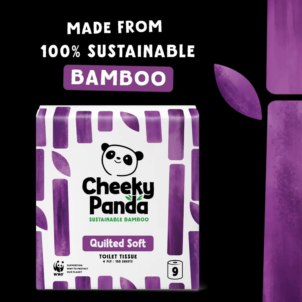 Cheeky Panda quilted toilet paper pack with purple design and text about sustainability on a white background.