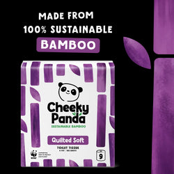 Cheeky Panda quilted toilet paper pack with purple design and text about sustainability on a white background.