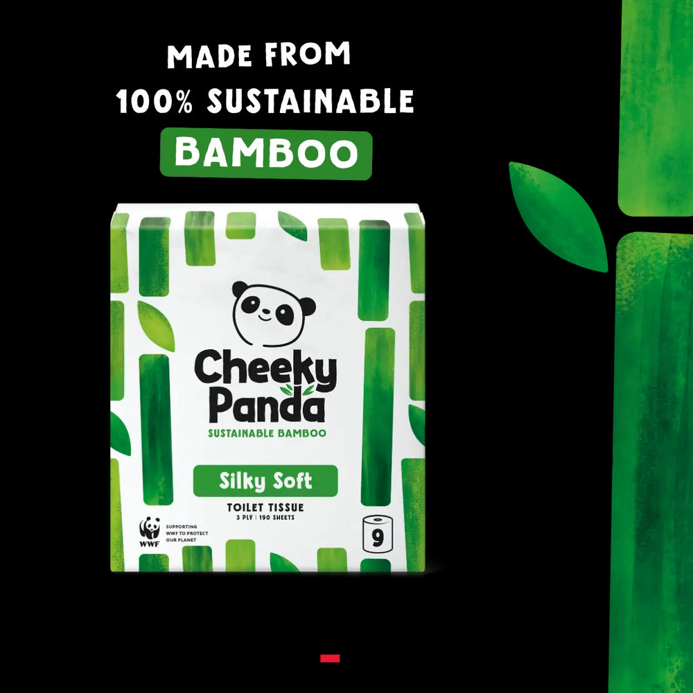 Cheeky Panda sustainable bamboo toilet paper packaging with green leaves and Which verification on a white background