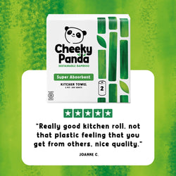 Cheeky Panda kitchen towel packaging with a green background, 5-star ranking and customer review quote.