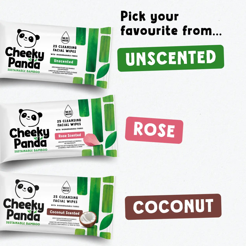 Cheeky Panda sustainable bamboo facial wipes with options for unscented, rose, and coconut scents on a white background.