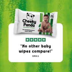 Cheeky Panda baby wipes packaging with a child on a green background and a customer 5-star rating and review quote