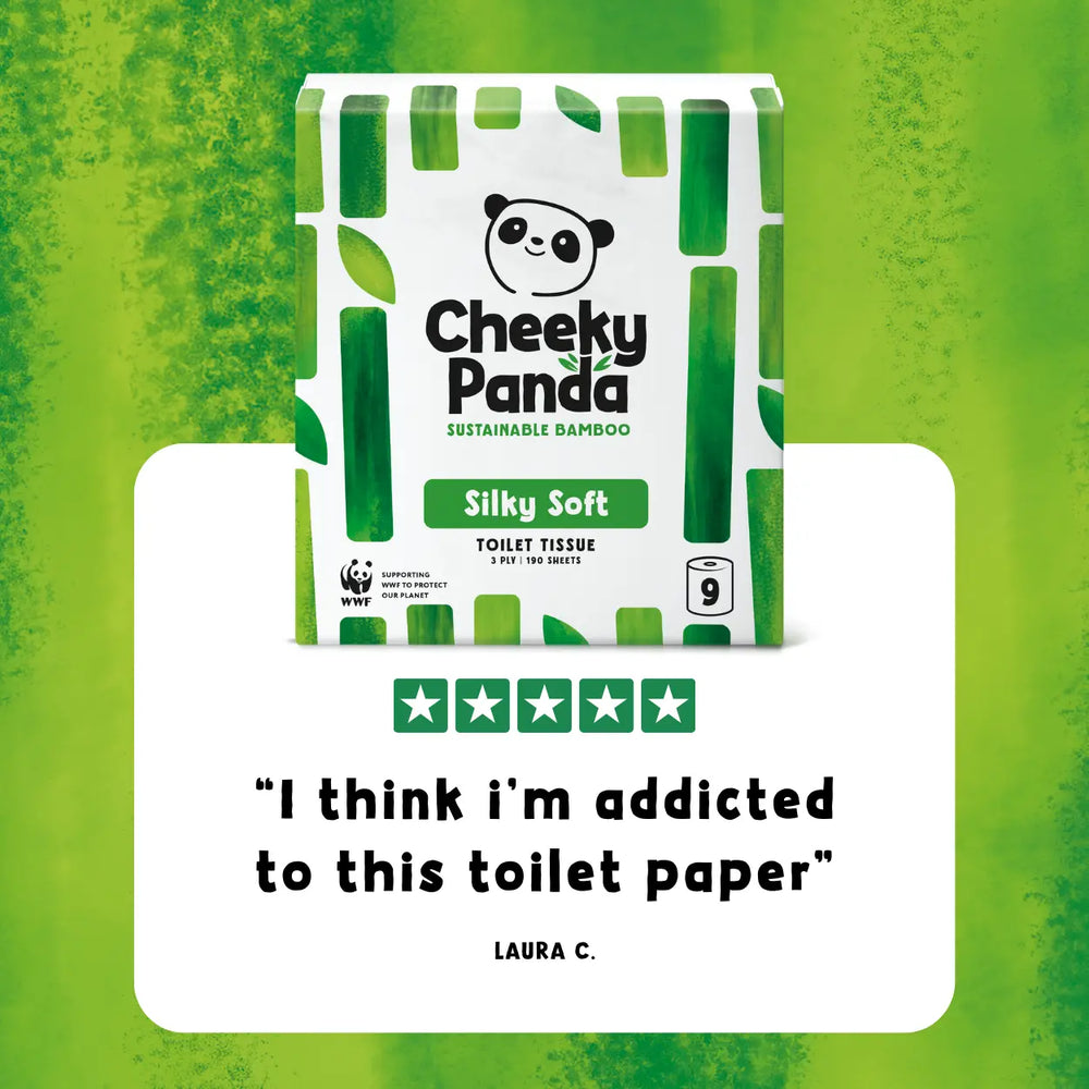 Cheeky Panda toilet paper package with a green background and customer review quote.