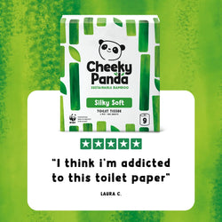 Cheeky Panda toilet paper package with a green background and customer review quote.