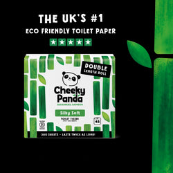 Cheeky Panda eco-friendly toilet paper package with branding and certification logos.