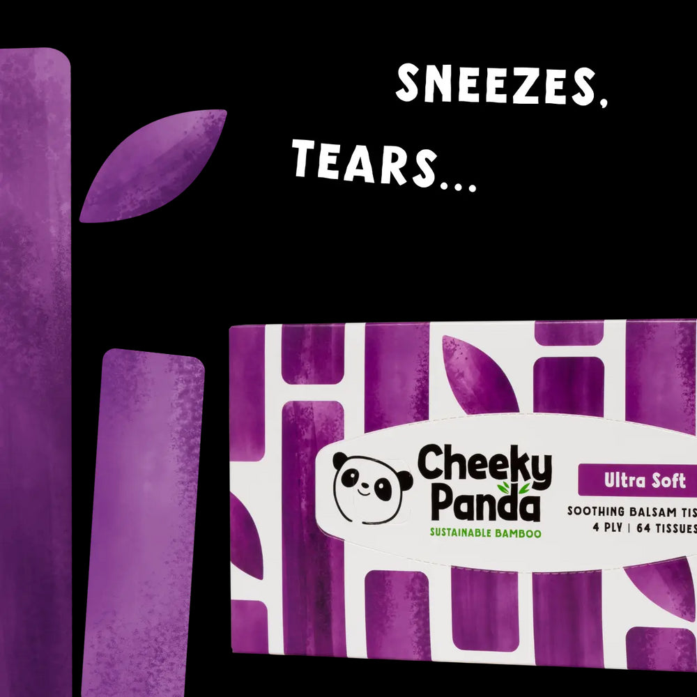 Cheeky Panda balsam tissues packaging with purple design and humorous text on a white background