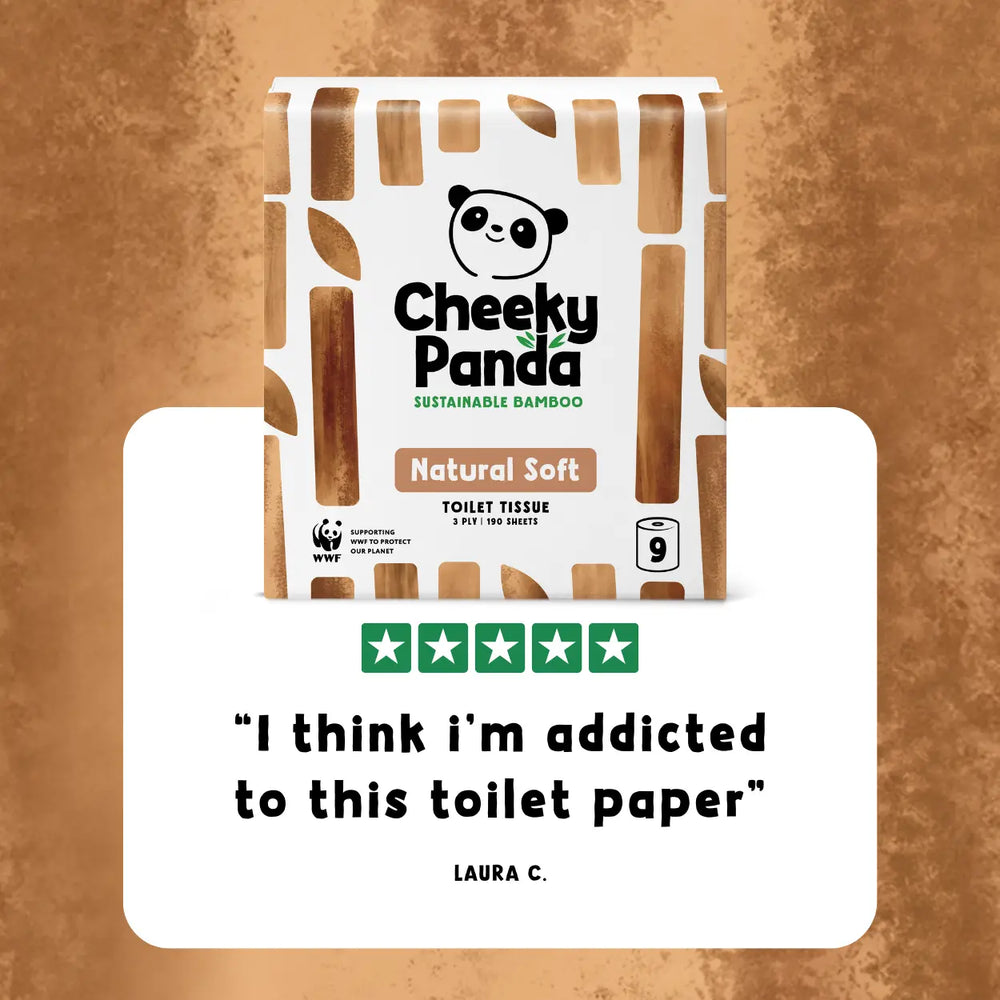 Cheeky Panda unbleached toilet paper package with 5-star rating and customer review quote on a brown background