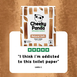 Cheeky Panda unbleached toilet paper package with 5-star rating and customer review quote on a brown background