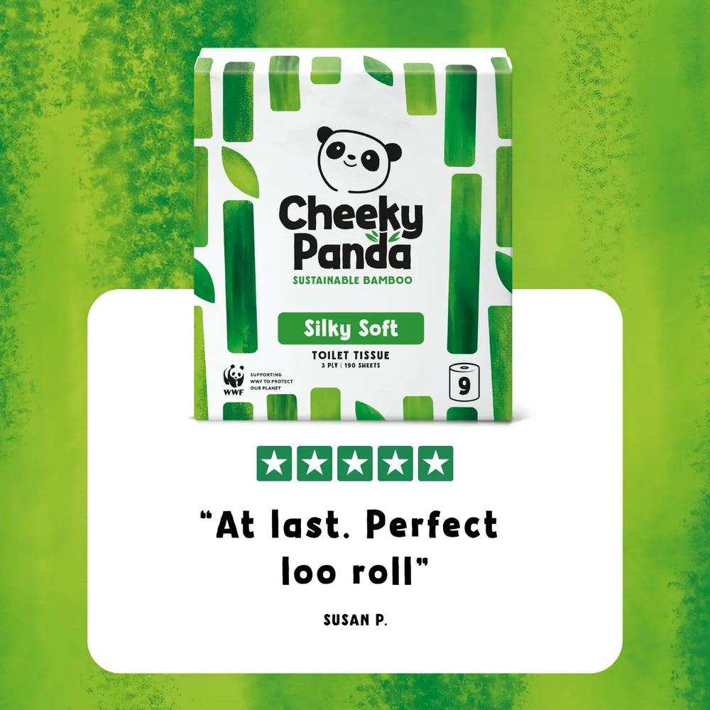 Cheeky Panda toilet paper package on a green background with a 5-star review below.