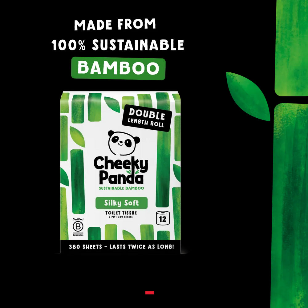 Cheeky Panda toilet tissue packaging with sustainability claims on a white background
