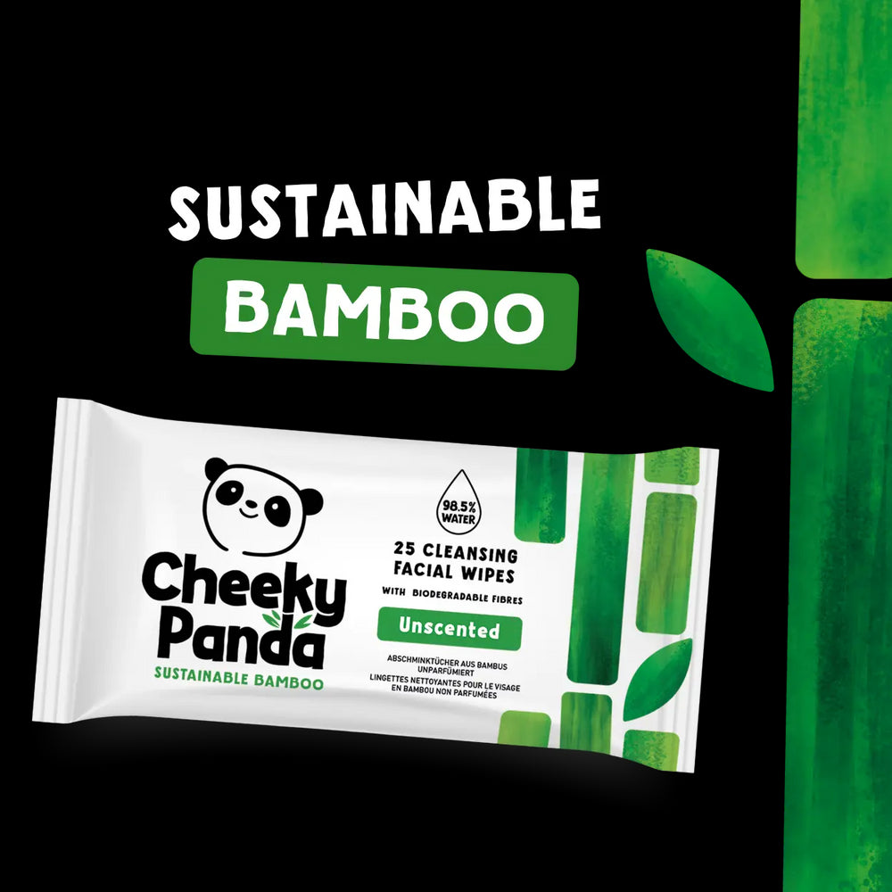 Cheeky Panda facial wipes packaging with sustainable bamboo text on a green background