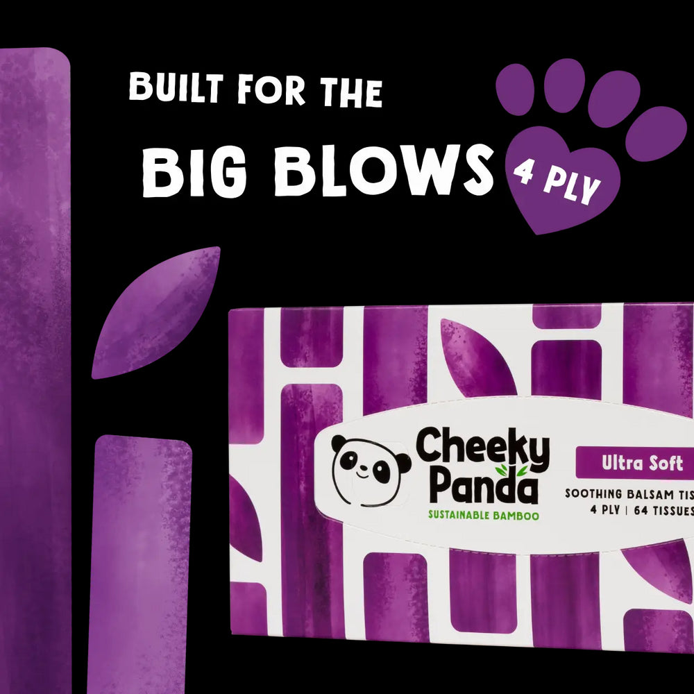 Cheeky Panda balsam tissue packaging with purple design and text 'Built for the Big Blows'.