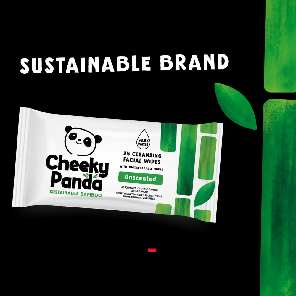 Cheeky Panda sustainable bamboo facial wipes packaging with branding and certification details on a white background.