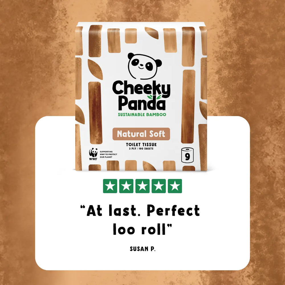 Cheeky Panda unbleached toilet paper pack with a 5-star rating and customer review quote on a brown background
