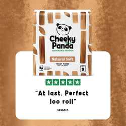 Cheeky Panda unbleached toilet paper pack with a 5-star rating and customer review quote on a brown background