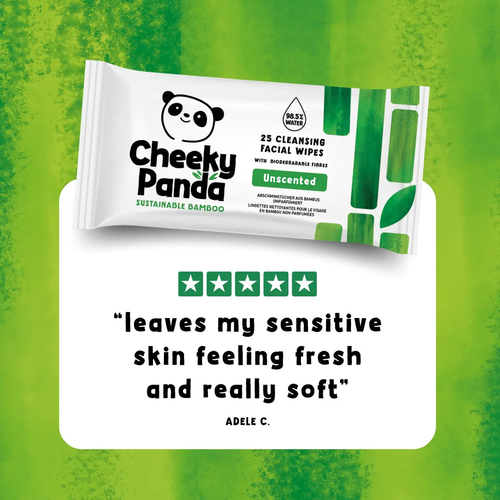 Cheeky Panda facial wipes packaging on a green background with a 5-satr rating and customer review quote.