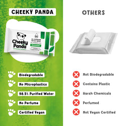 Comparison of Cheeky Panda wipes with other wipes on a green and white background