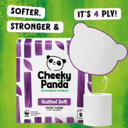 Cheeky Panda quilted toilet paper packaging with a panda logo on a green background