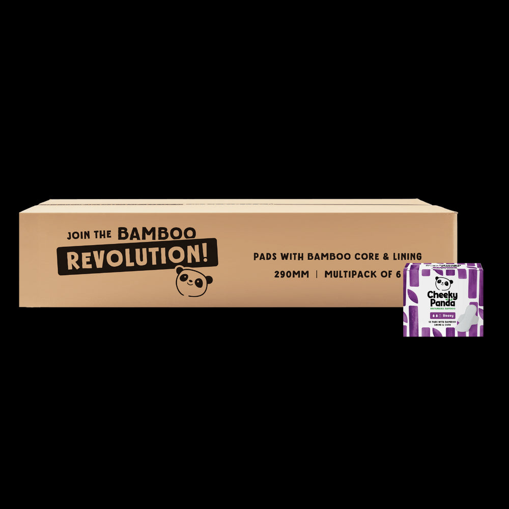 Box of Cheeky Panda period care bamboo products with a box of pads displayed on a black background