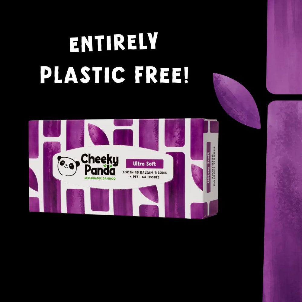 Box of Cheeky Panda balsam tissues with purple design on a white background