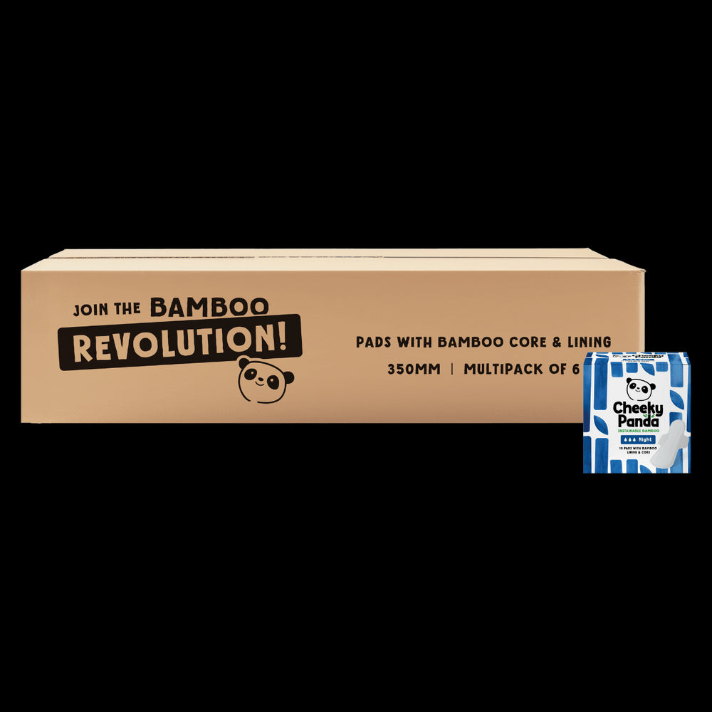 Box of Cheeky Panda period care bamboo products with a smaller product packaging on the right.