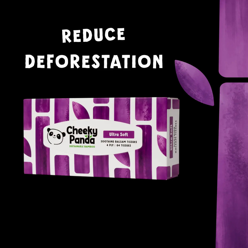 Cheeky Panda balsam tissues packaging with 'Reduce Deforestation' message on a white background