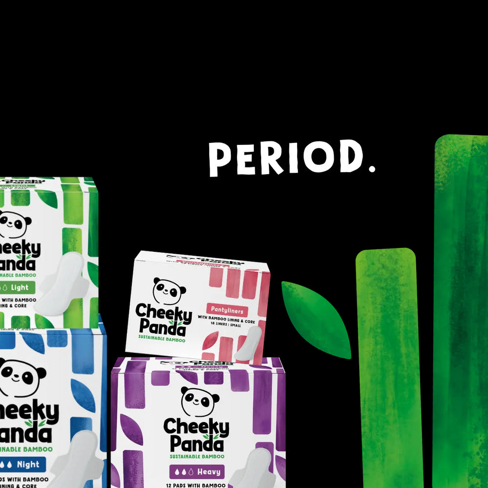 Cheeky Panda feminin hygiene range with text 'Powerful Protection Period' on a white background