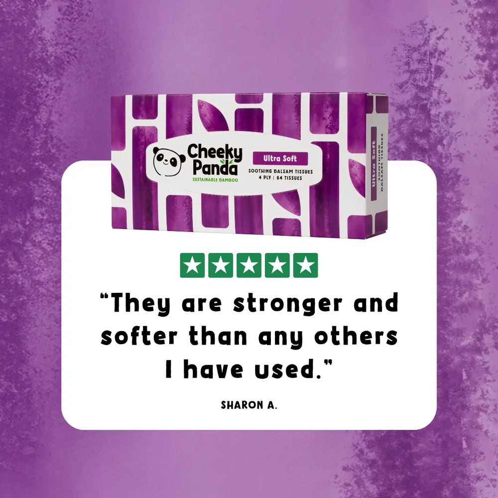 Cheeky Panda balsam tissue packaging with a purple background, 5-star and customer review quote.