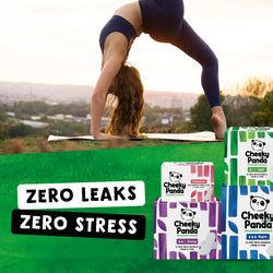 Person doing a handstand with Cheeky Panda pads and liners displayed in the foreground, emphasizing that the range is leak-proof