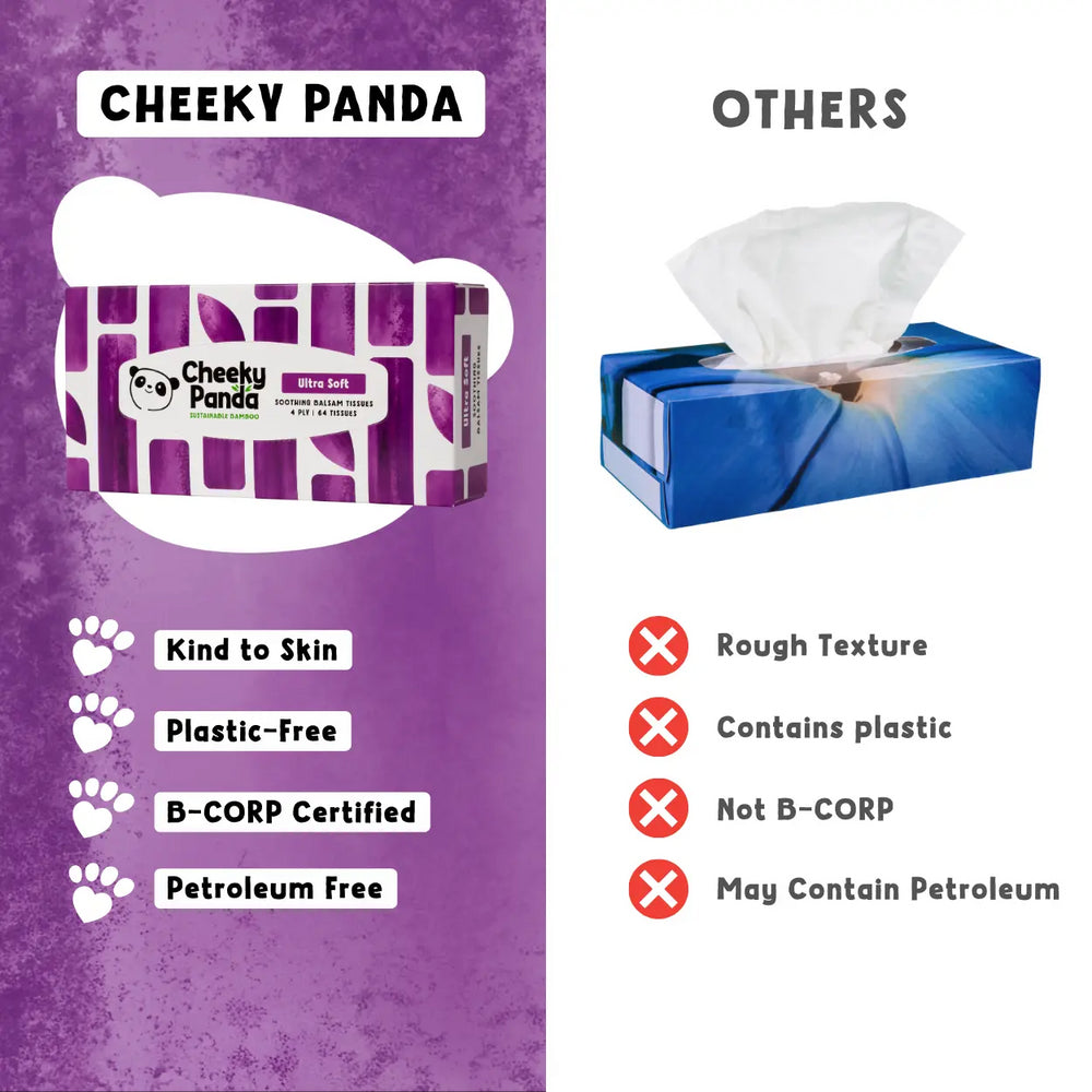 Comparison of Cheeky Panda balsam tissues with other brands on a purple and white background.