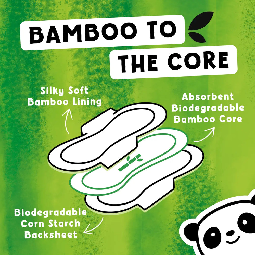Breakdown diagram of Cheeky Panda sanitary pads and panty liners, featuring a silky soft bamboo lining, absorbent biodegradable bamboo core and biodegradable cornstarch backsheet, showcasing the range is truly Bamboo to the Core