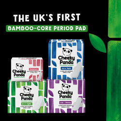 Cheeky Panda bamboo-core period pad packaging with green leaf and text on a white background